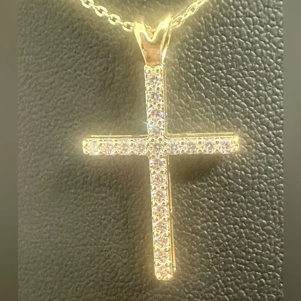 Dainty Gold Tone CZ Cross Necklace – Adjustable 16–18” - Picture 6 of 11